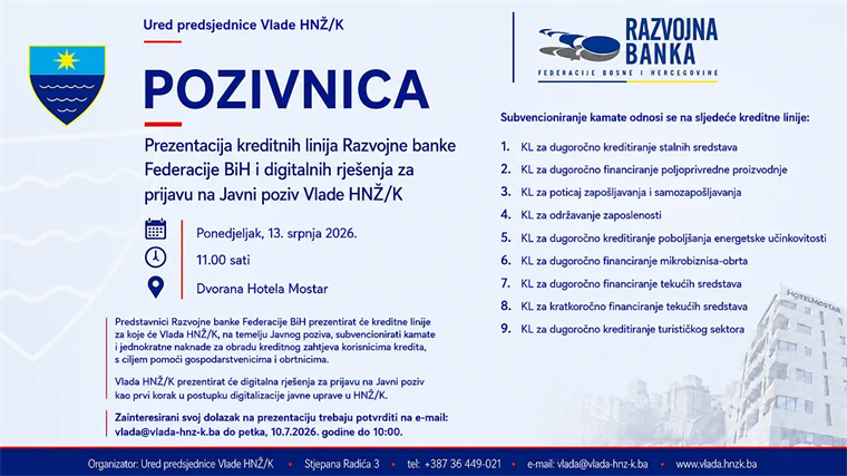 Poziv privrednicima: U ponedjeljak predstavljanje kreditnih linija za koje će Vlada HNK-a da subvencioniše kamate i jednokratne naknade