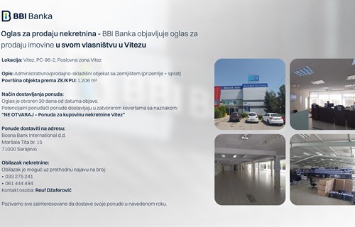 Oglas za prodaju nekretnina u vlasništvu Banke – Vitez, Ilidža i Zenica