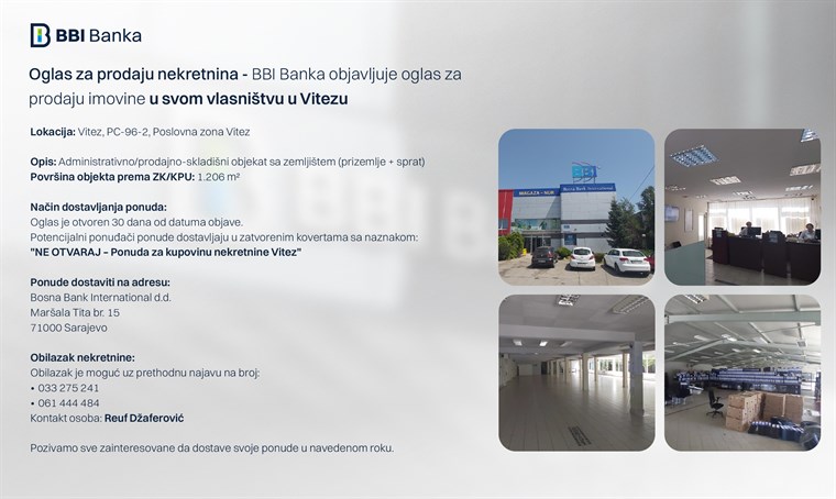 Oglas za prodaju nekretnina u vlasništvu Banke – Vitez, Ilidža i Zenica