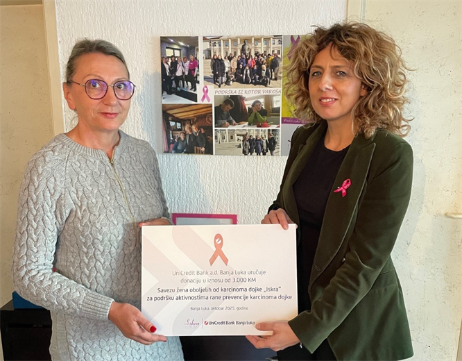 UniCredit Bank Banja Luka donacijom i podrškom Savezu žena oboljelih od karcinoma dojke “Iskra” obilježila ružičasti oktobar