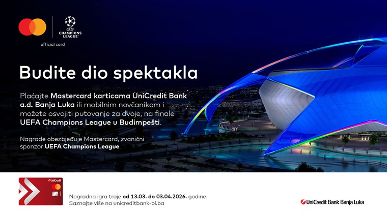 Budite dio spektakla. Mastercard i UniCredit Bank a.d. Banja Luka vode vas na finale UEFA Champions League u Budimpešti!